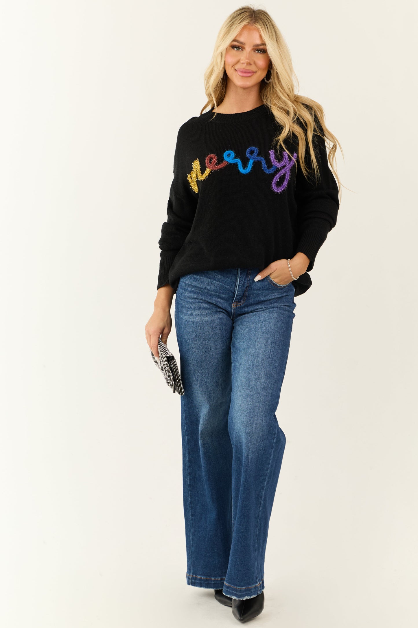 Black 'Merry' Metallic Yarn Long Sleeve Sweater