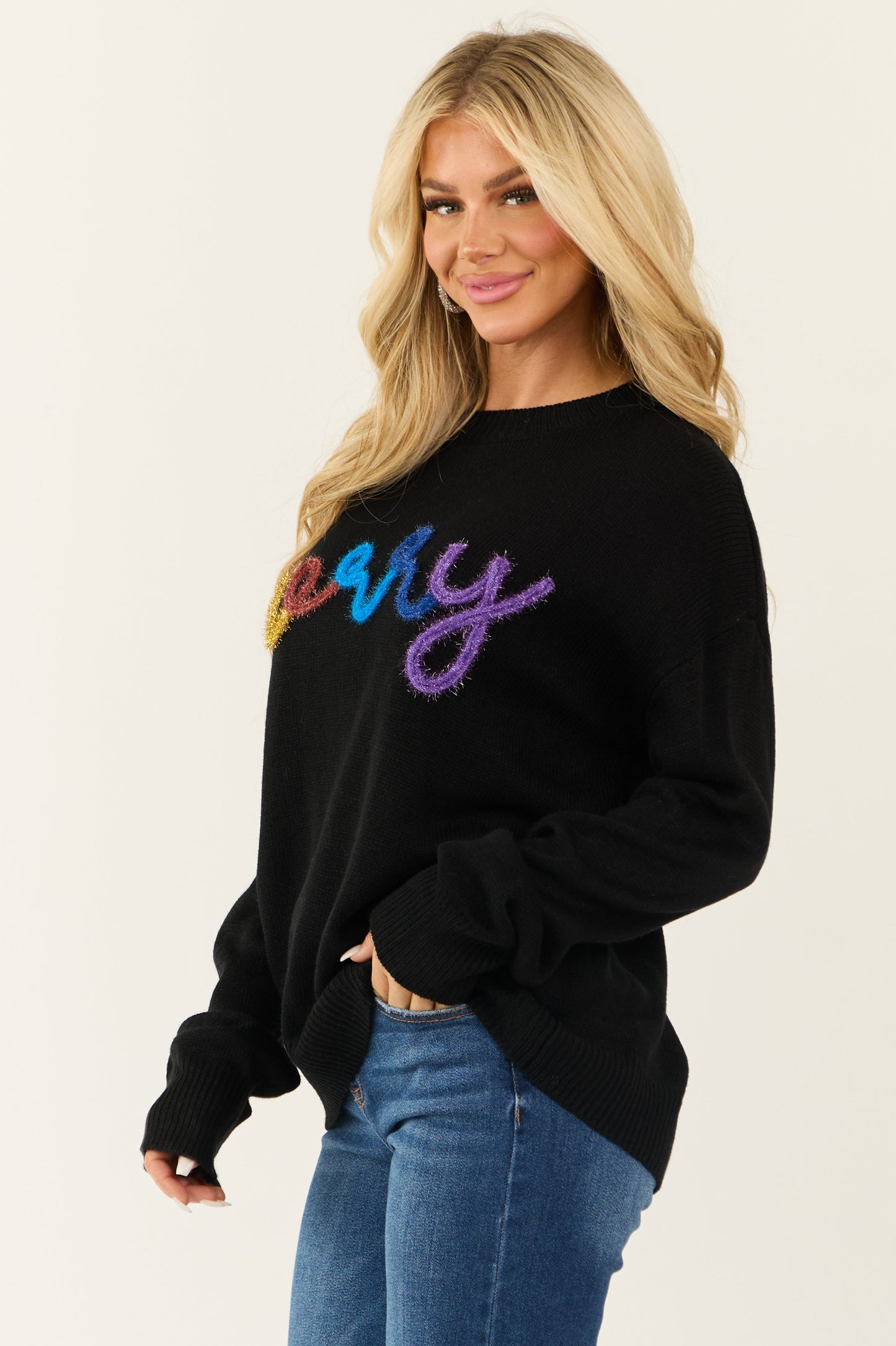 Black 'Merry' Metallic Yarn Long Sleeve Sweater