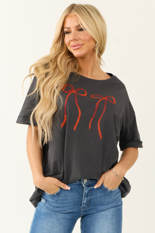 Graphite Bow Oversized Short Sleeve Graphic Top